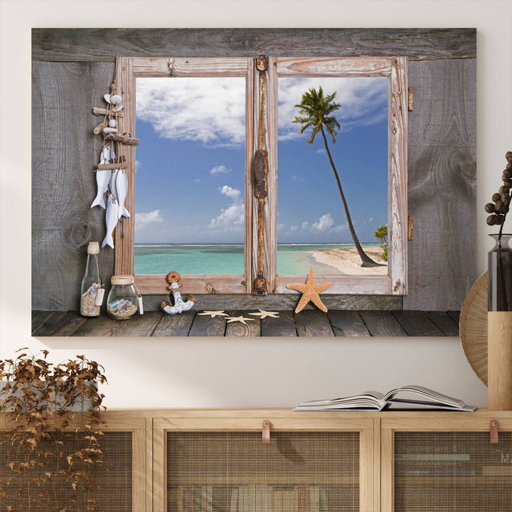 The Window Wall Art Relaxing Beach features seashells and a rustic window frame.