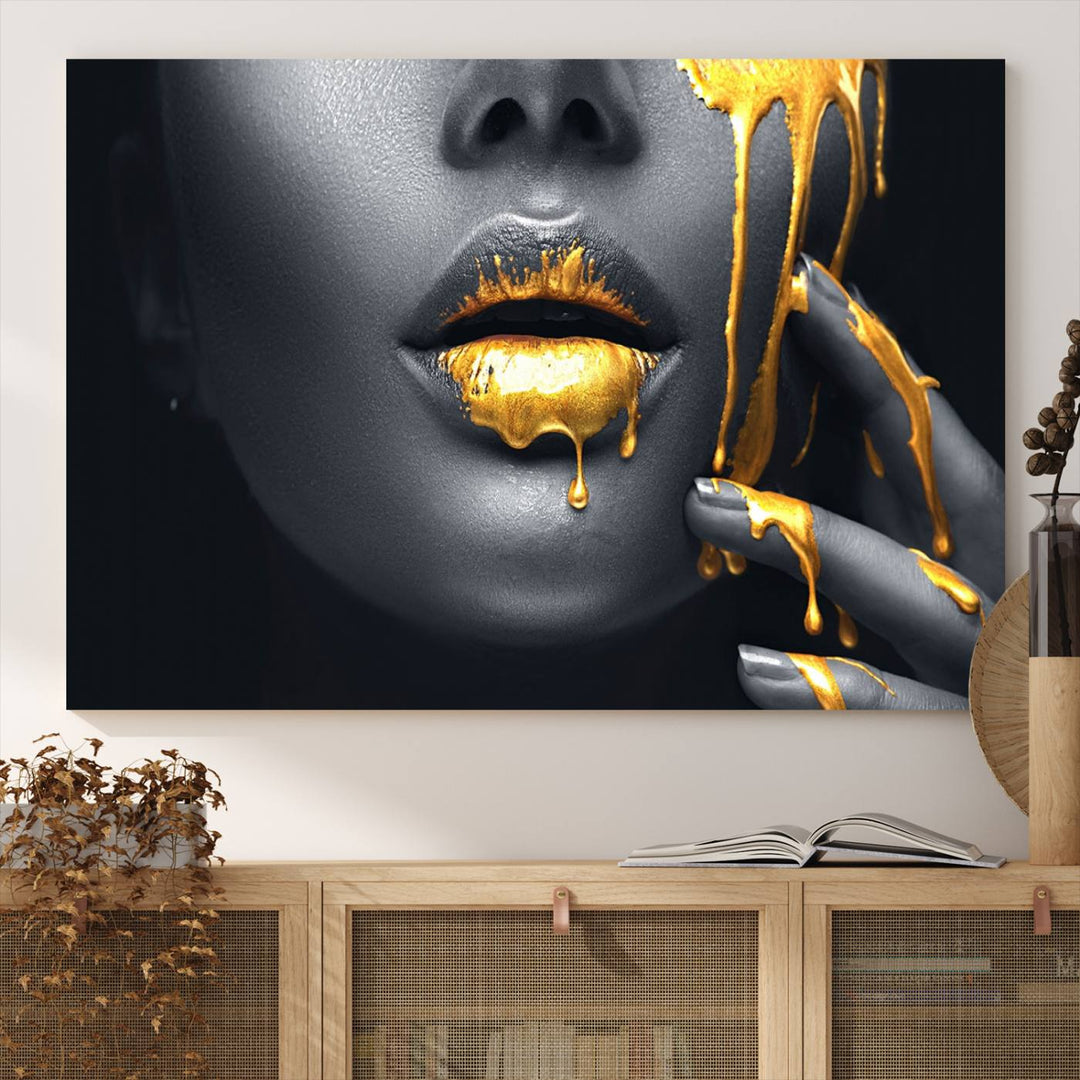 The Gold Lips and Black Woman Makeup Canvas Print features a chic monochrome face design, making it ideal for a modern dining room.