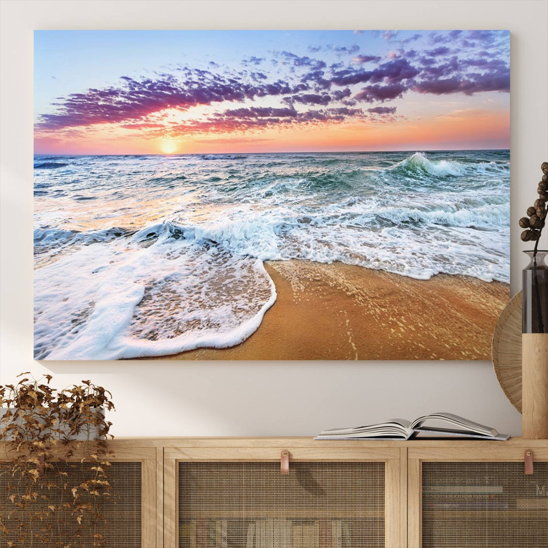 The Tropical Beach Waves Art Print, depicting an ocean sunset and sandy shore, enriches the coastal decor of the dining area.