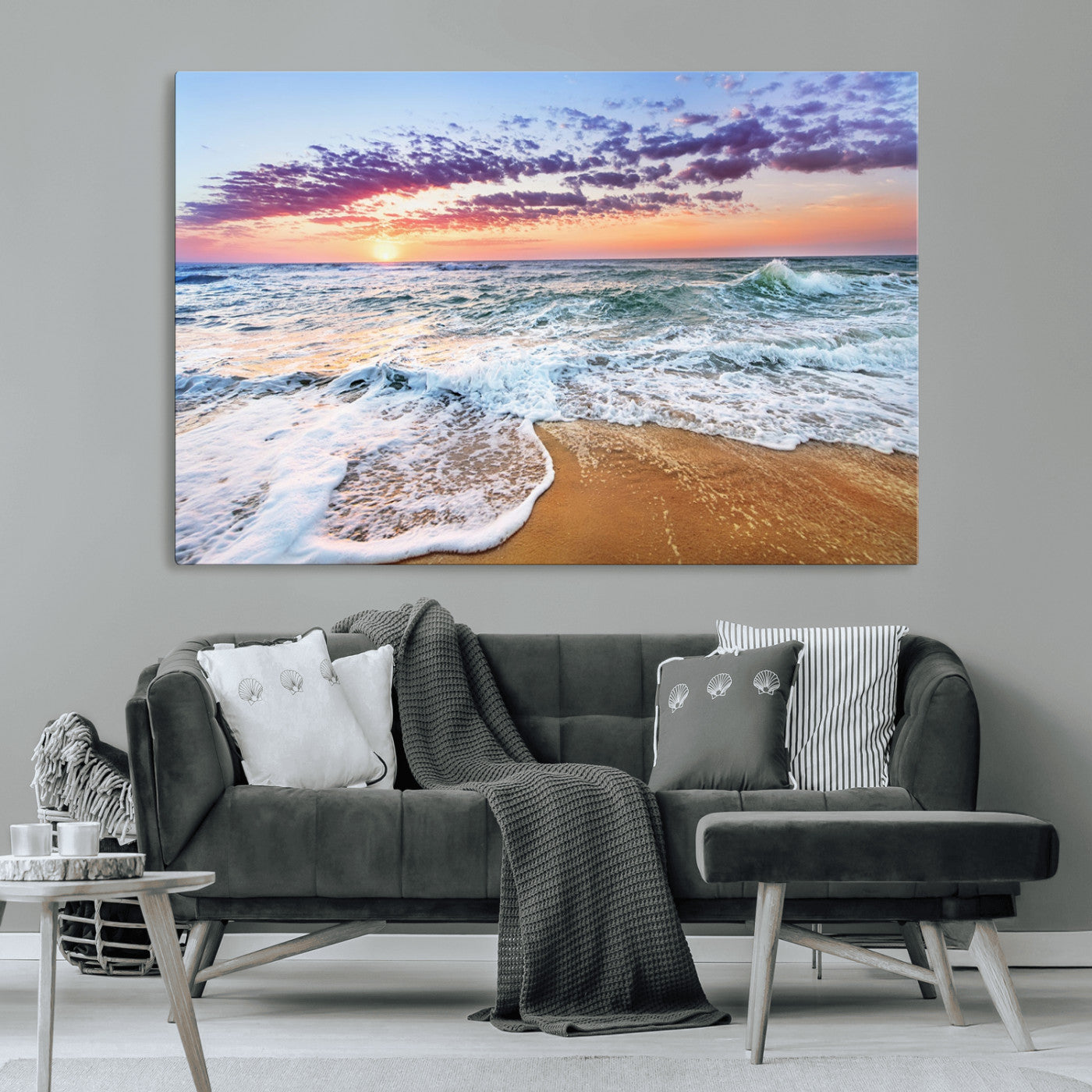MGV-CV-36X24 - Coastal Sunset Art Beach Canvas Wall Art Print | Ocean Waves Wall Art | Large 3-Panel Seascape for