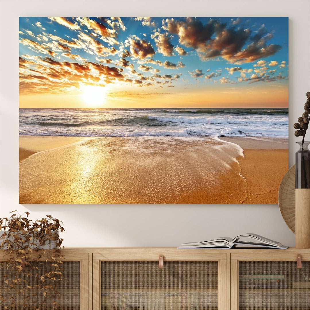 A gallery-wrapped canvas titled Soothing Sunset on Calm Beach is featured.