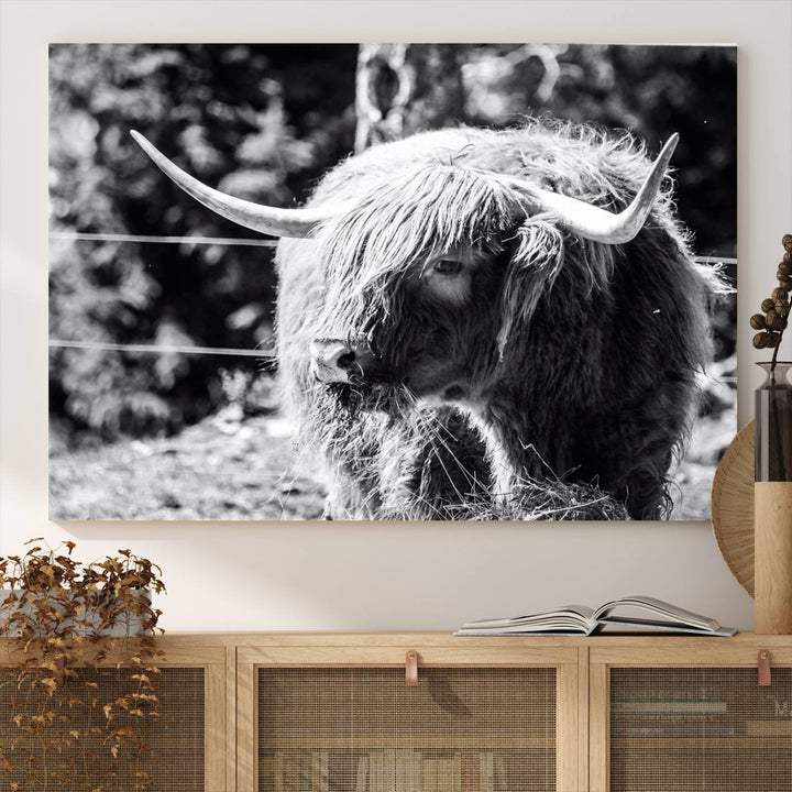 The black and white Highland Cow Canvas Wall Art adds farmhouse elegance to the space.