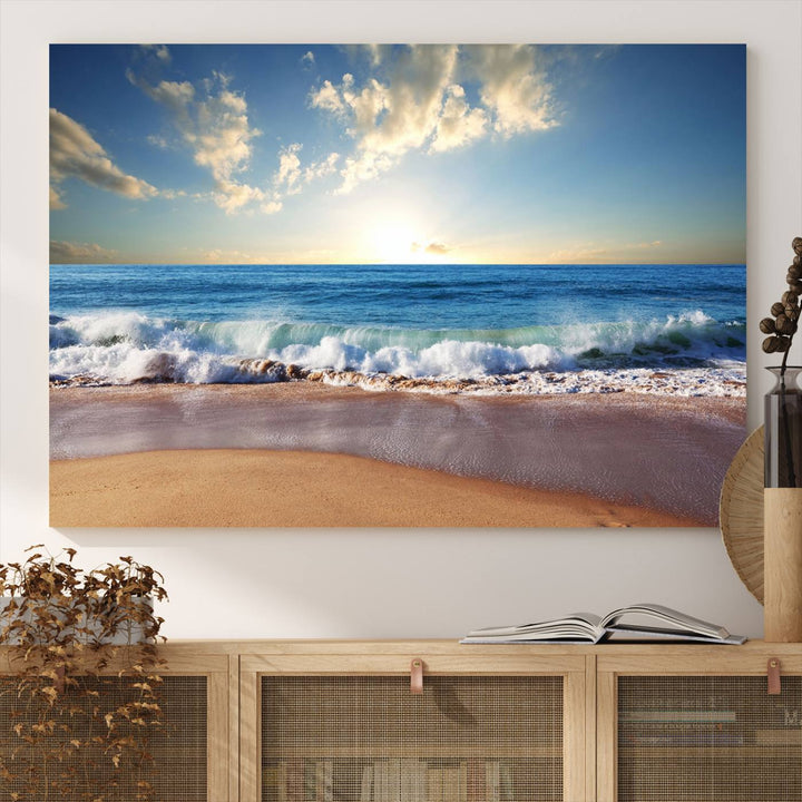 The dining room features a Coastal Tropical Beach Sunset canvas wall art.