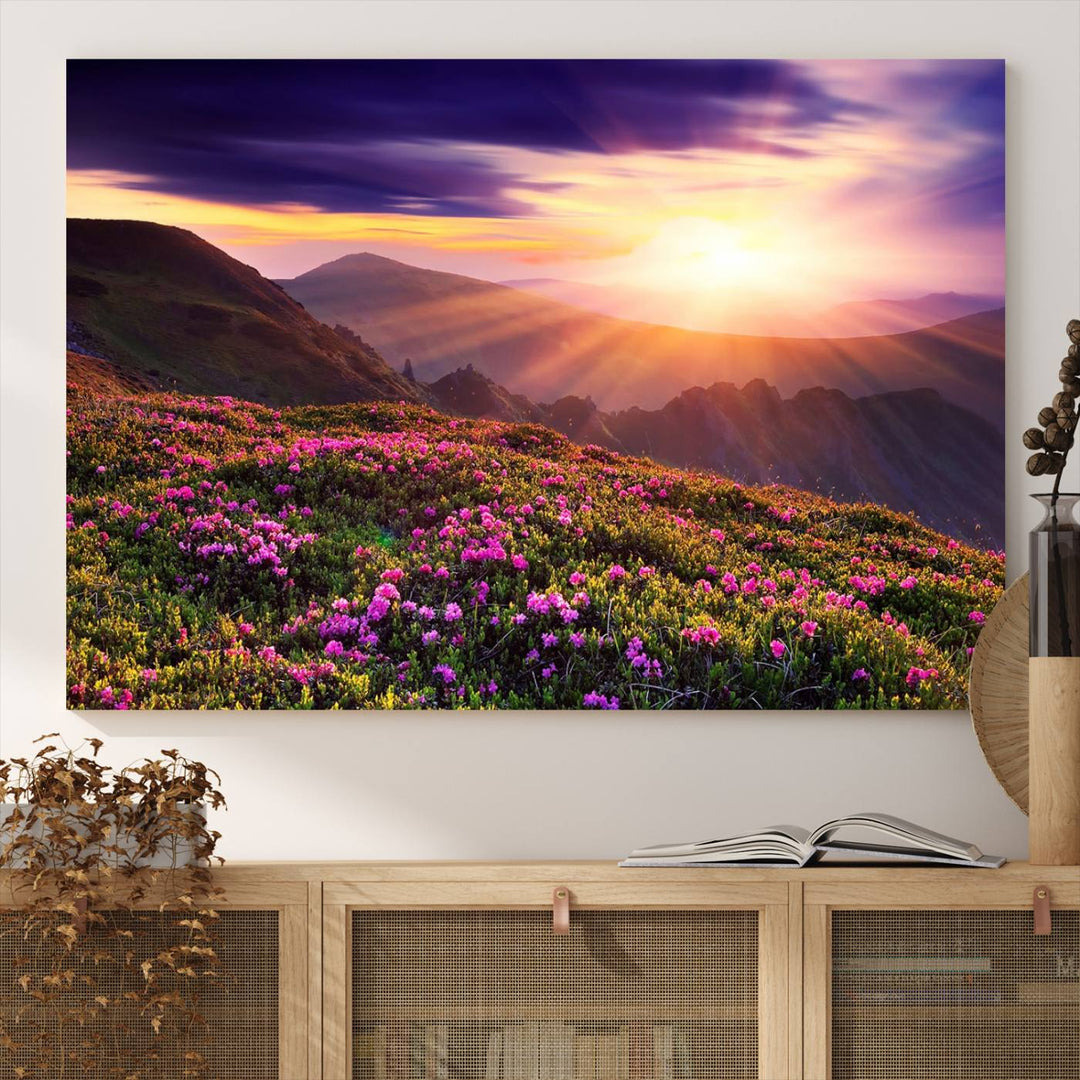 Gallery-wrapped wall art of a stunning mountain sunset and purple flowers.