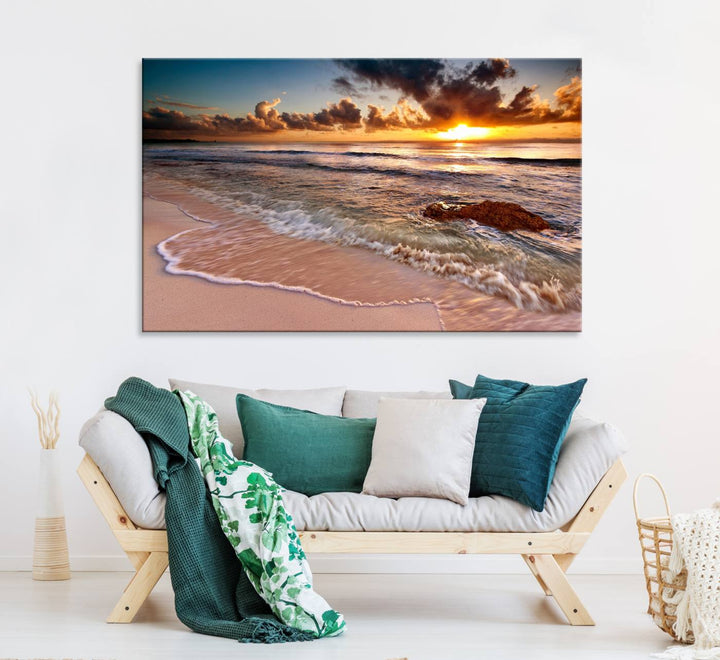 The Sunset on Ocean Wall Art Canvas Print beautifully captures a beach sunset, gentle waves, and a peaceful atmosphere.