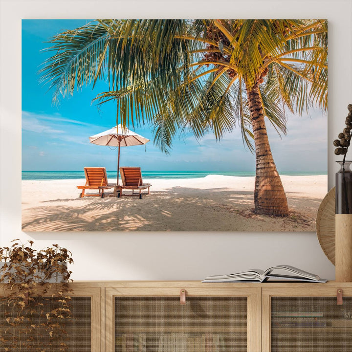 The 3-panel Tropical Beach Wall Art features palm trees and sun loungers, perfect for coastal decor.