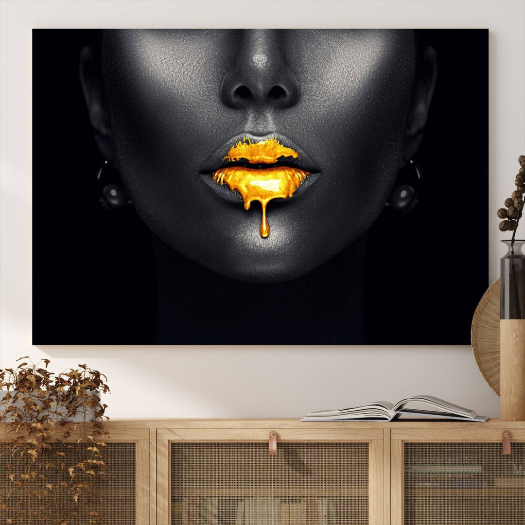 The Honey Gold Lips and Black Woman Photograph canvas print adds a striking touch to the room.