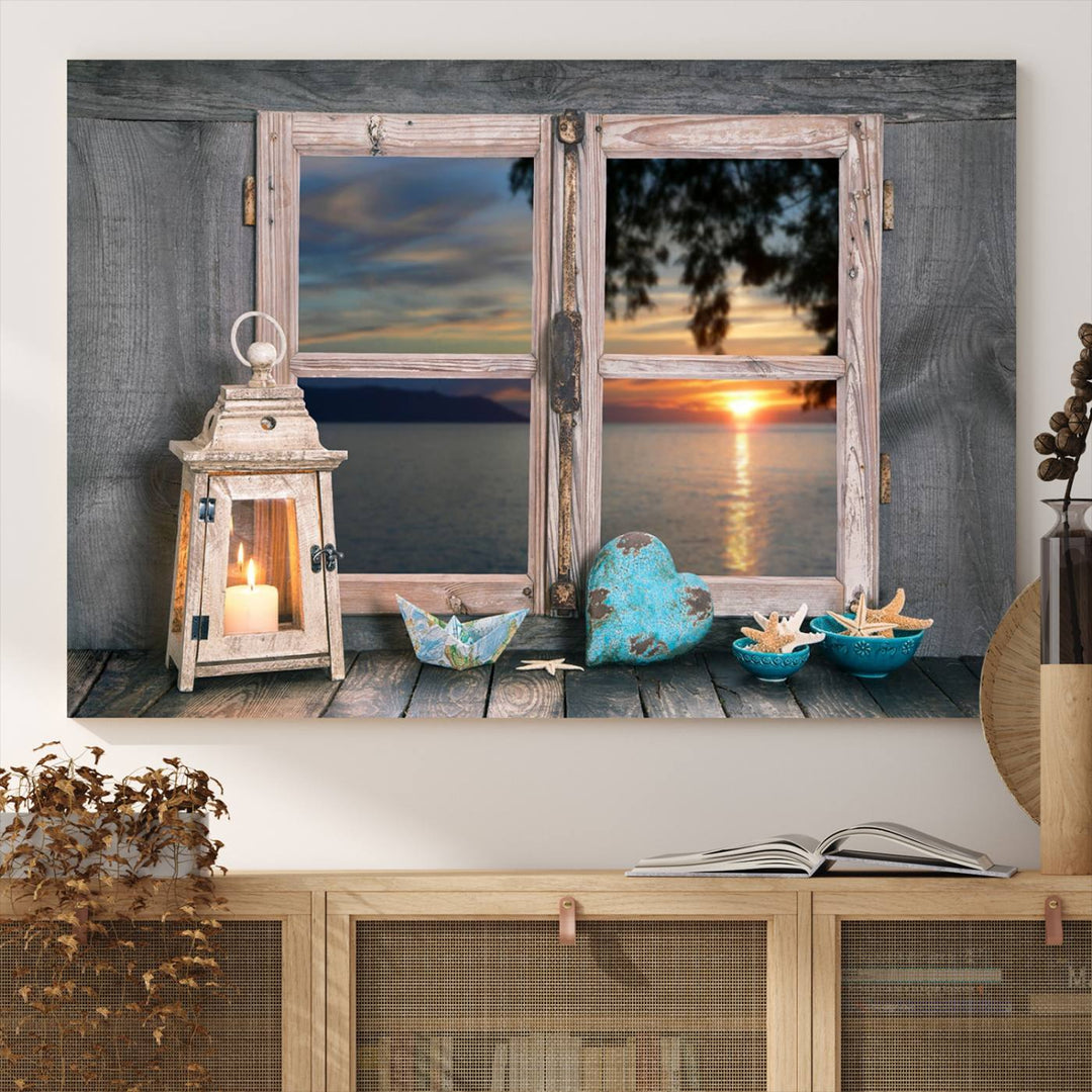 The Astonishing Sunset from the Window canvas print beautifully captures a sea view, accompanied by a lantern and starfish.