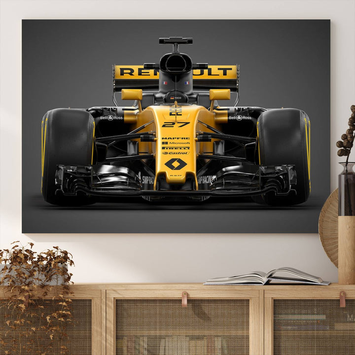 A yellow and black F1 Renault car canvas print with free shipping.