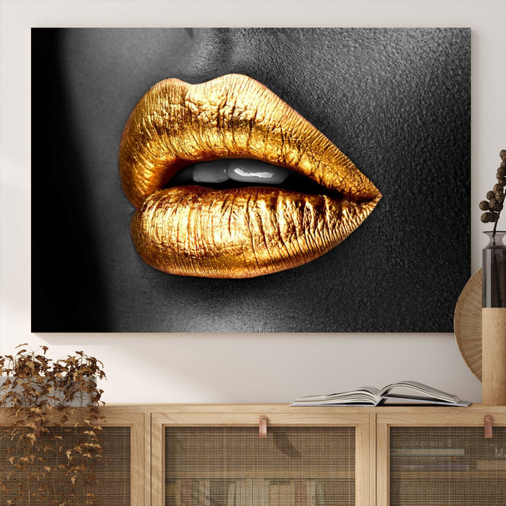 The Gold Lips Canvas Wall Art on a black background is showcased.