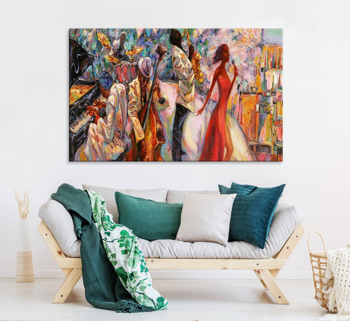 The Abstract Afro American Jazz Canvas captures a vibrant jazz band and showcases a woman dancing in red, making it perfect for dining or music spaces.