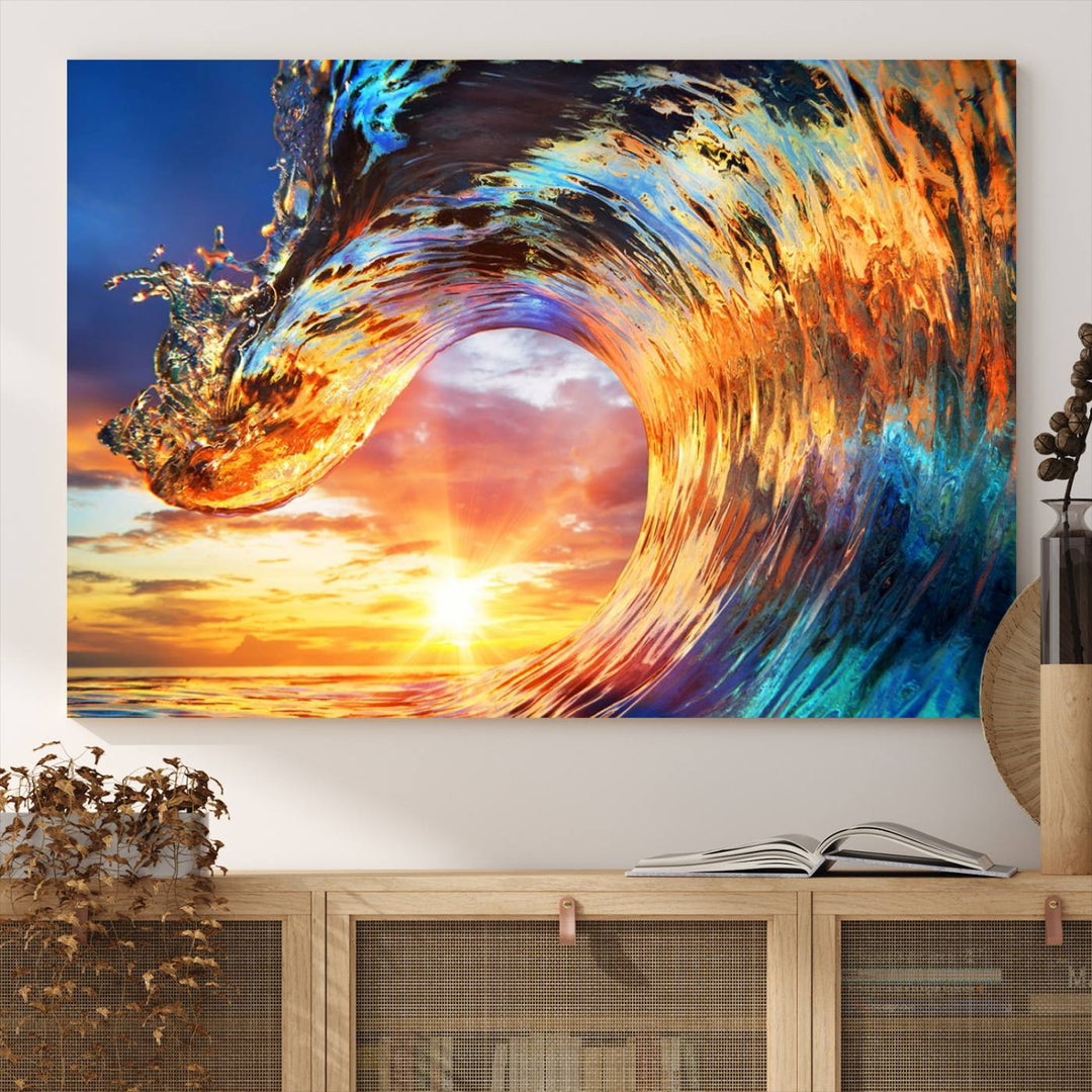 Wave Canvas Wall Art: A multi-panel sunset ocean scene that adds vibrant decor to any space.