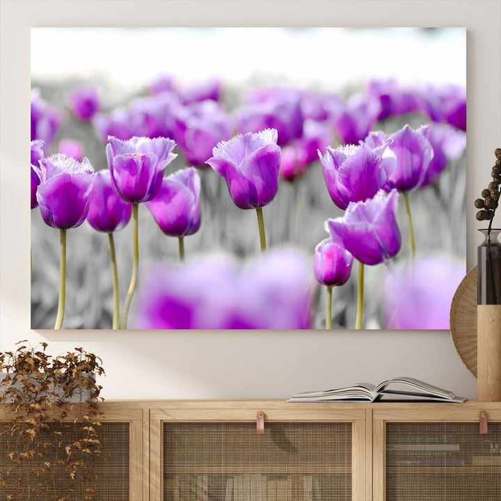 A gallery-wrapped Tulip Fields canvas wall art in a vivid purple hue.