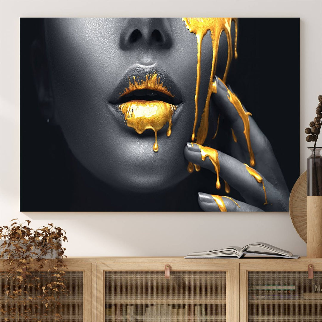 Above the dining area is the Gold Glitter Lips Fashion Makeup canvas wall art.