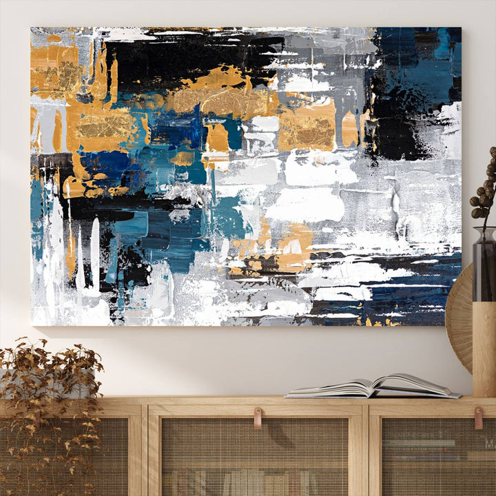 Blue and Gold Abstract Canvas Wall Art hangs prominently.