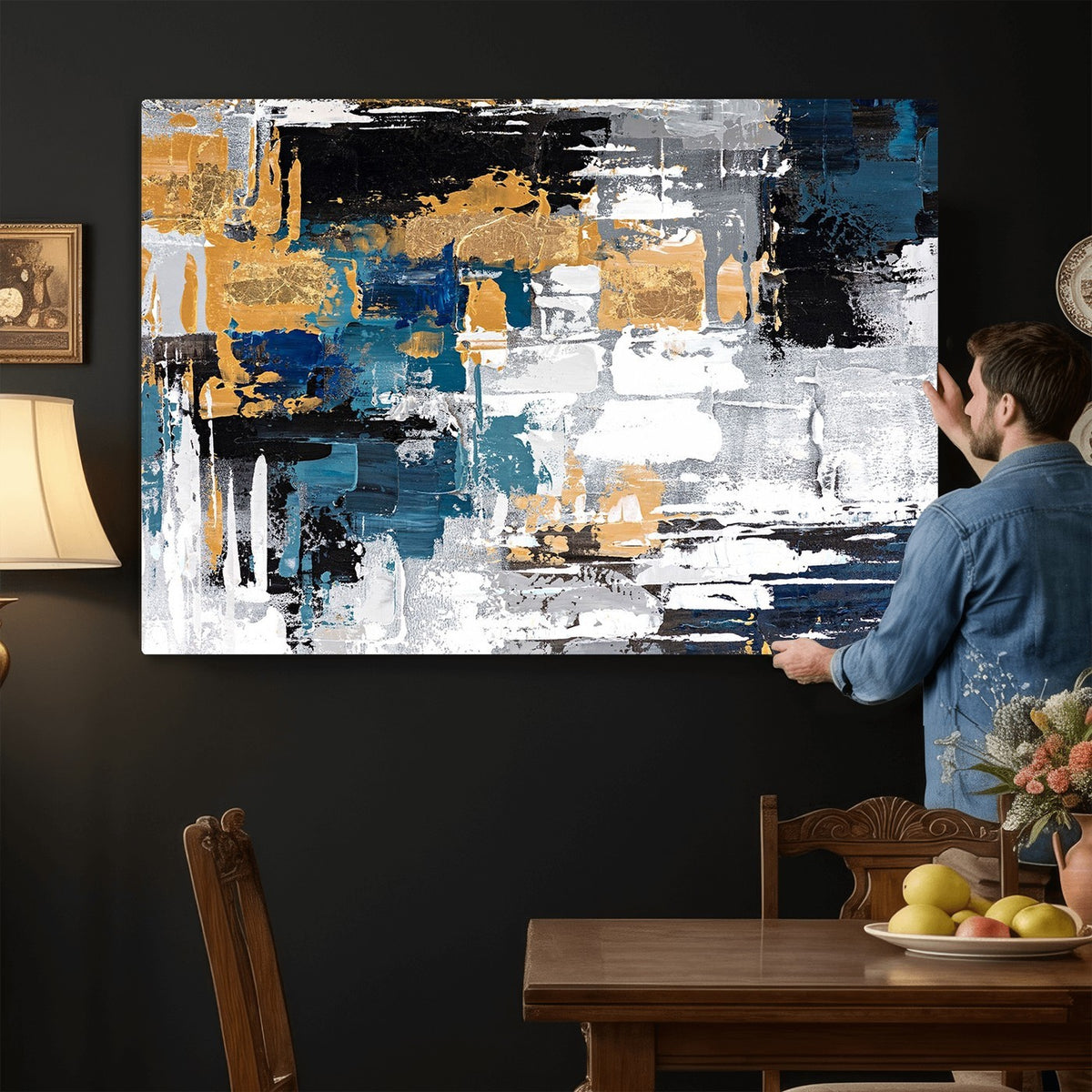57708-_Poster-30x20 - Blue and Gold Abstract Canvas Wall Art | Triptych Modern Art Print
