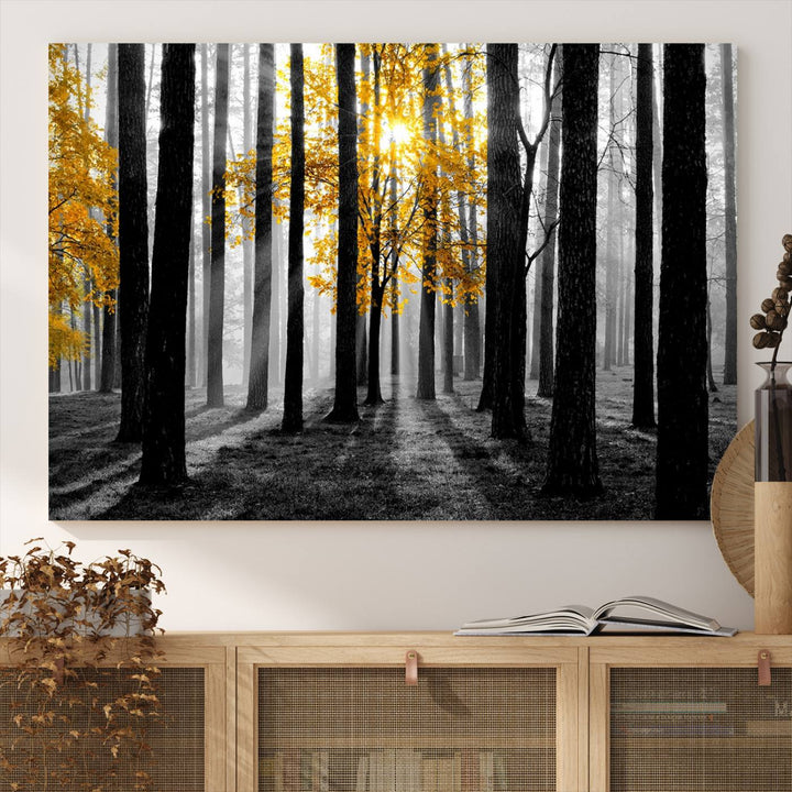 Nature Misty Foggy Autumn Forest Wall Art Print displayed above a modern dining room.