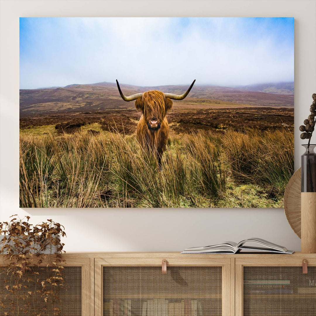 A Scottish Highland Cow art print canvas with UV-protection adorns the wall, preserving vivid details.