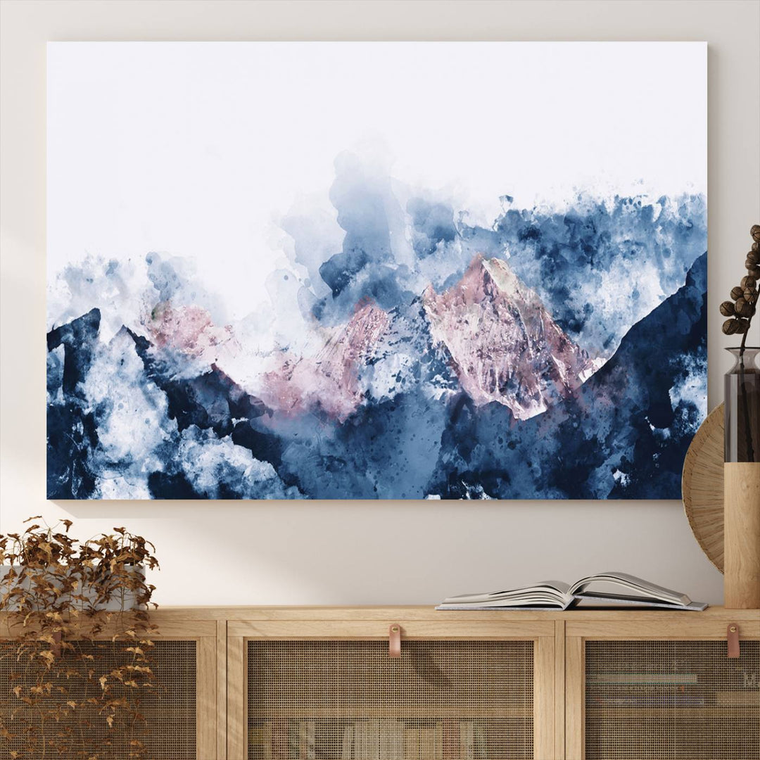 A modern kitchen showcases an Abstract Watercolor Mountain Landscape Art Canvas Print.