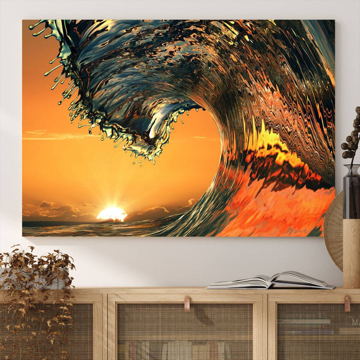 The Ocean Wave With Perfect Sunset canvas wall art adds a striking focal point to the room.