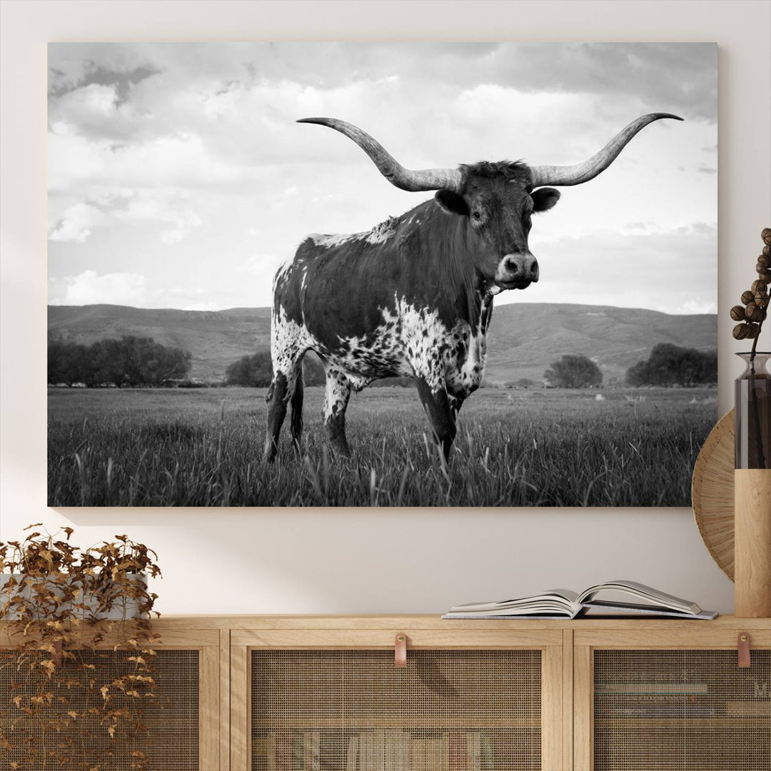 A Black and White Longhorn Texas Cow Canvas Wall Art.