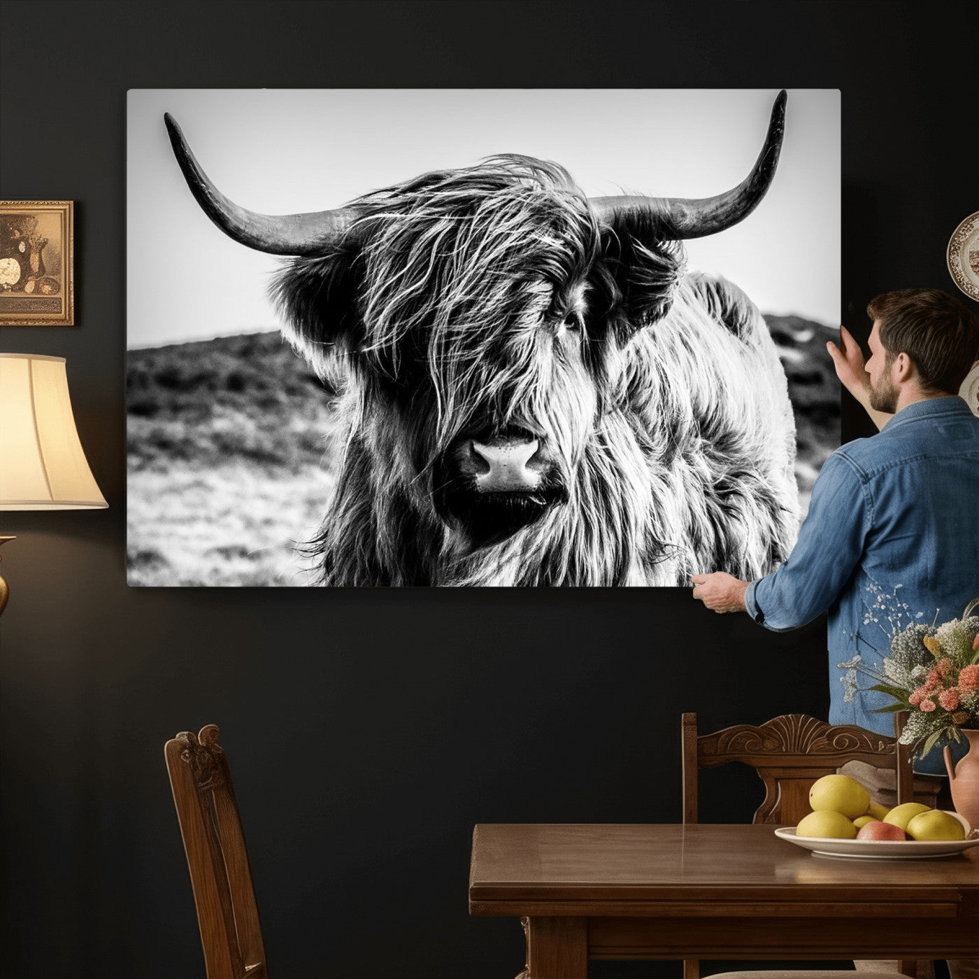 54309-MGV-CV-36X24 - Black and White Scottish Cow Canvas Wall Art Highland Cattle Canvas Print Framed Ready to Hang Original Cotton Canvas High Quality Image Multi Panel Wall Art Printable Artwork for Walls