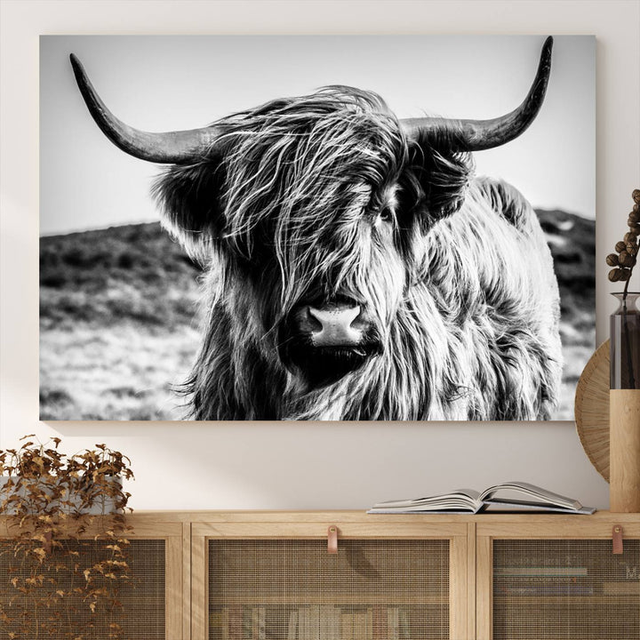 A Black and White Scottish Cow Canvas Print adorns the kitchen wall, perfect for farmhouse decor.