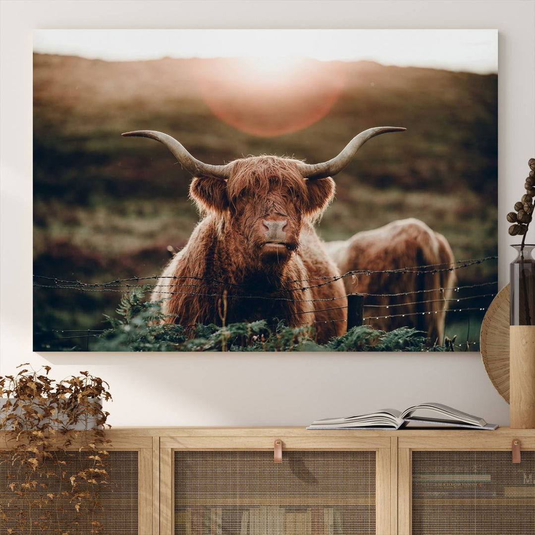 A Highland Cow Animal Canvas Wall Art, featuring a grassy field, is displayed on the wall.