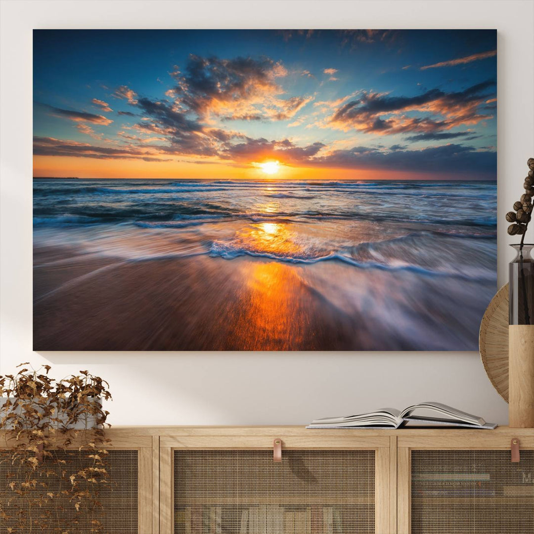 A museum-quality Beautiful Sunset over the Horizon canvas adorns the living room wall.