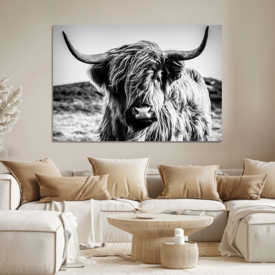 Highland Cow Wall Art | 3-Panel Black and White Highland Cow Canvas Print for Western Farmhouse Decor