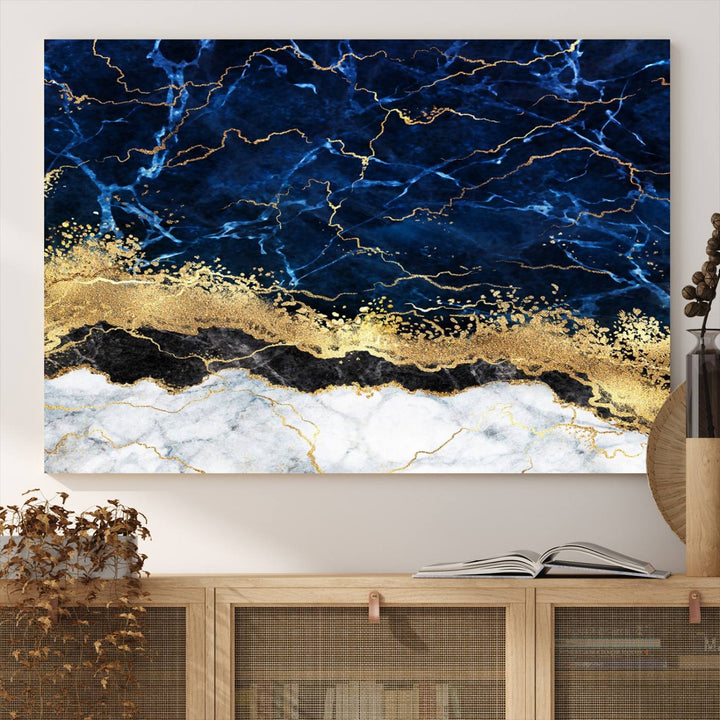 Navy Blue Marble Fluid Effect Canvas Wall Art, featuring a gold and white abstract design, adds a finishing touch to your modern kitchen decor.