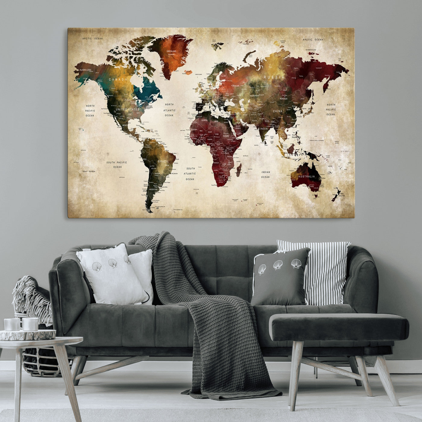 MGV-CV-36X24 - Large World Map Wall Art Canvas Print, Framed Push Pin Map Art Picture Print, Abstract Traveller Map Perfect Modern Decor Artwork
