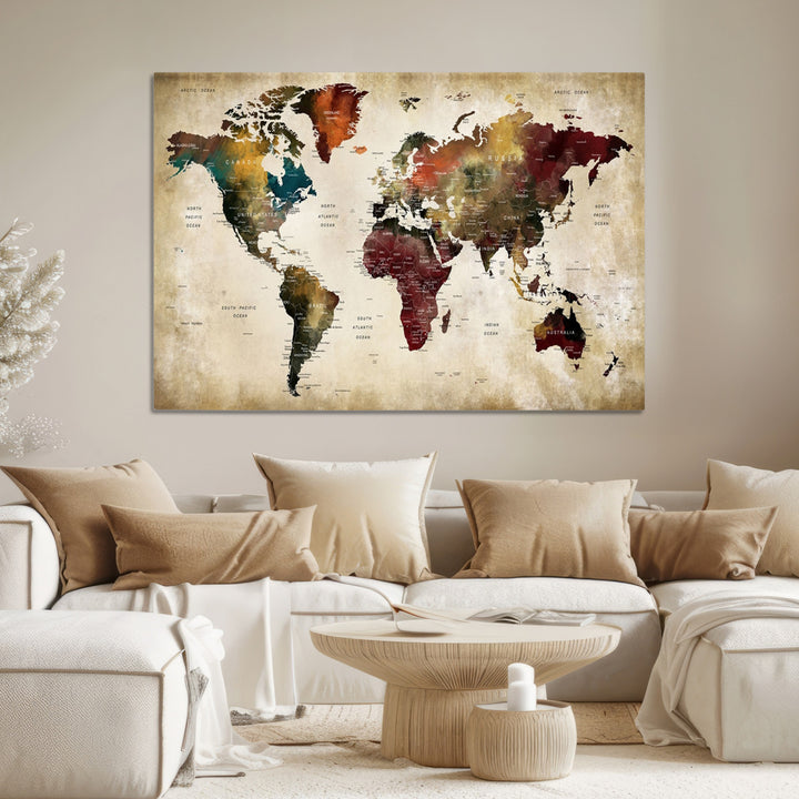 Large World Map Wall Art Canvas Print, Push Pin Map Print, Framed Abstract Traveller Map Art Print, Large Watercolor World Map Printing Perfect for Modern Decor