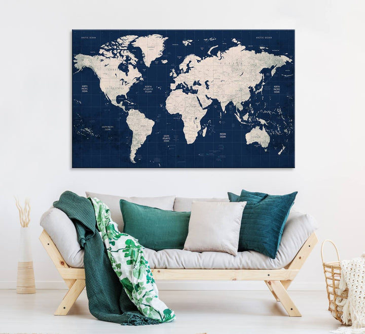 Large modern world map wall art canvas print in beige and navy; showcases a 3-panel vintage map design and is ready to hang.