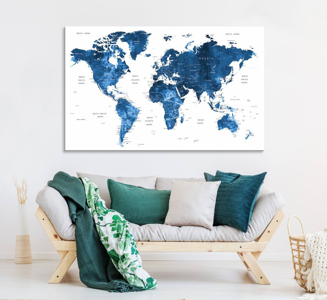 Navy Blue Wall Art World Map Canvas Print, an ideal piece for anyone seeking unique home or office decor.