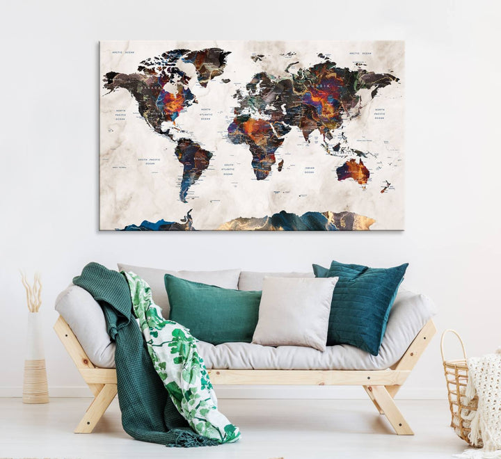 Watercolor World Map Canvas Print in earthy hues with a grunge background, ideal for wall decor.