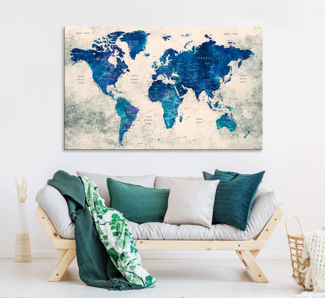 Navy Blue Push Pin World Map Canvas Print featuring a grunge-stained background, with labeled countries and oceans.