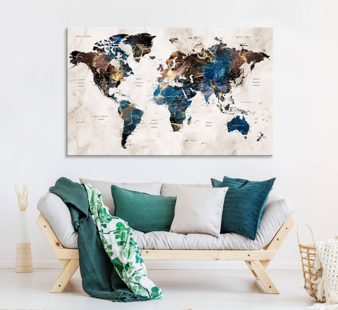 Abstract earth-toned 3-panel world map wall art featuring blues and browns, ready to hang; it showcases continents on modern canvas.