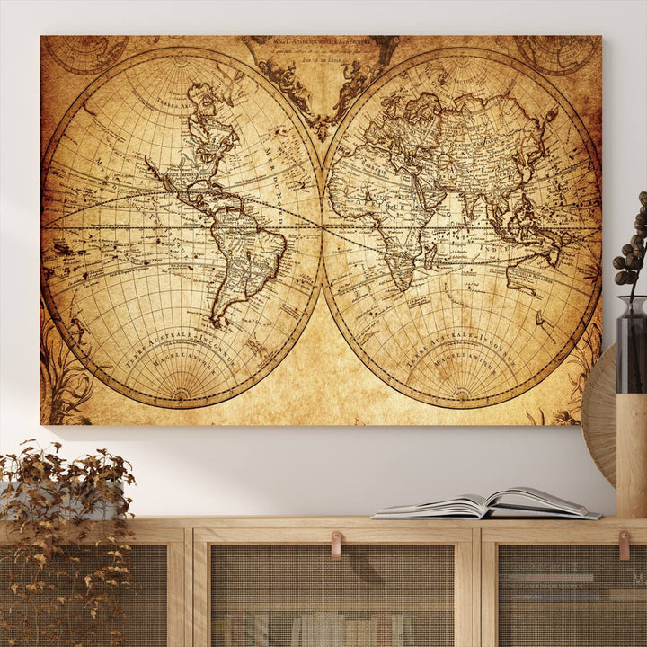 Vintage World Map Wall Art | 3-Panel Canvas Print for Living Room, Office, or Study | Giclee Canvas with Antique Design