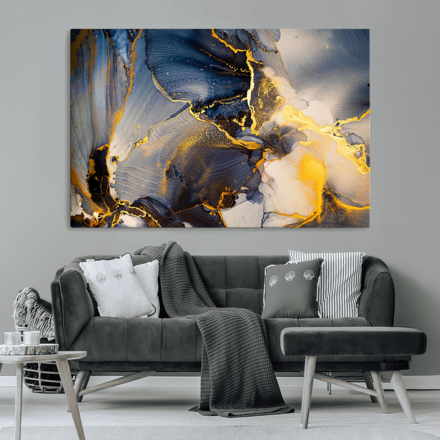 42100-MGV-CV-36X24-Large Abstract Wall Art Print - Gold and Blue Abstract Canvas Wall Art | Fluid Ink Modern Luxury Wall Decor for Living Room Decor