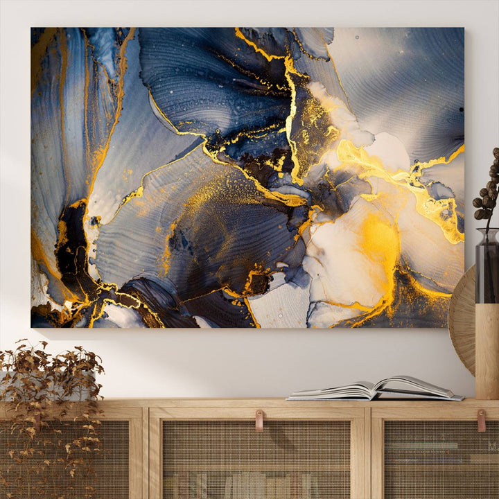 Large Abstract Wall Art Print - Gold and Blue Abstract Canvas Wall Art | Fluid Ink Modern Luxury Wall Decor for Living Room Decor