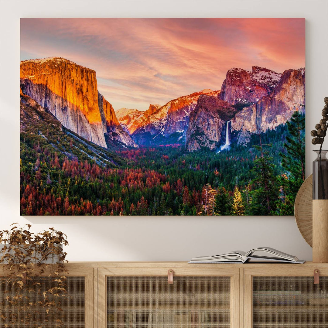 An El Capitan Yosemite Canvas showcasing a sunset over a mountain valley.