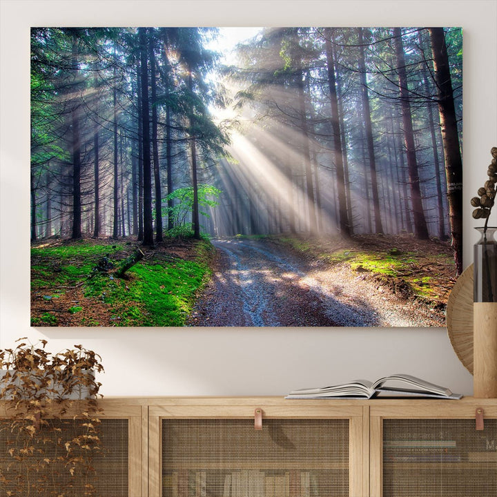 The dining area features a 3-panel Forest Path Canvas showcasing sun rays filtering through a misty forest.