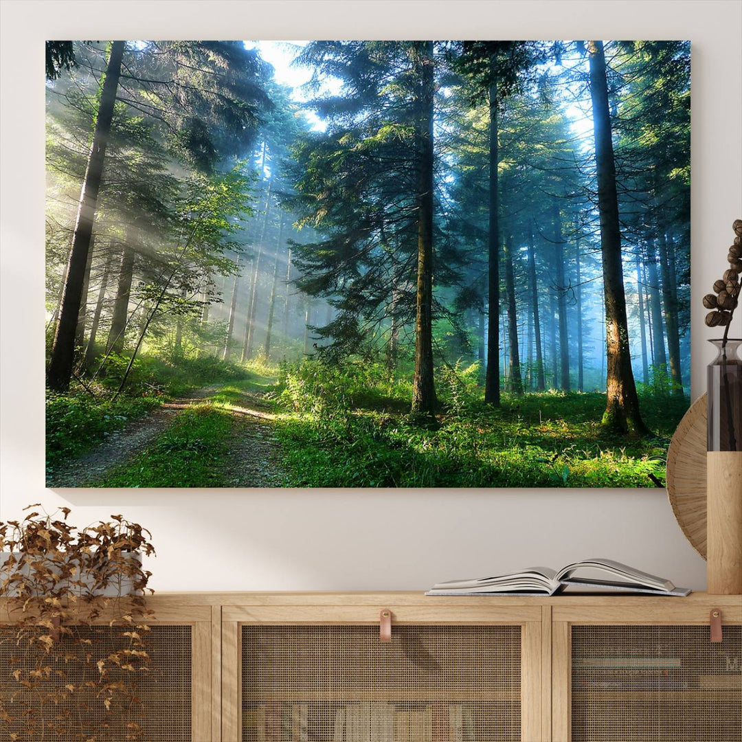 Enhancing the space is the Forest Sun Shine wall art canvas print, showcasing a serene forest scene.