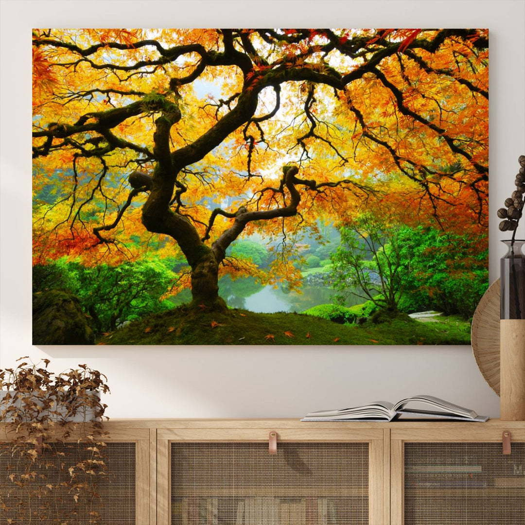 The Portland Japanese Maple Tree Canvas adds elegance to a modern living room.