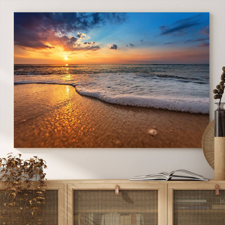 The Golden Sunset Beach Waves Triptych adds a modern coastal touch with its stunning seascape.