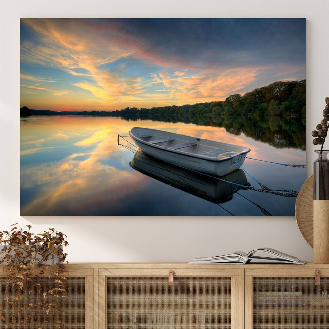 Serene Rowboat on Calm Lake Triptych Canvas Art, Giclee Wall Art of Peaceful Sunset Reflections, Tranquil Landscape Wall Art for Home or Office