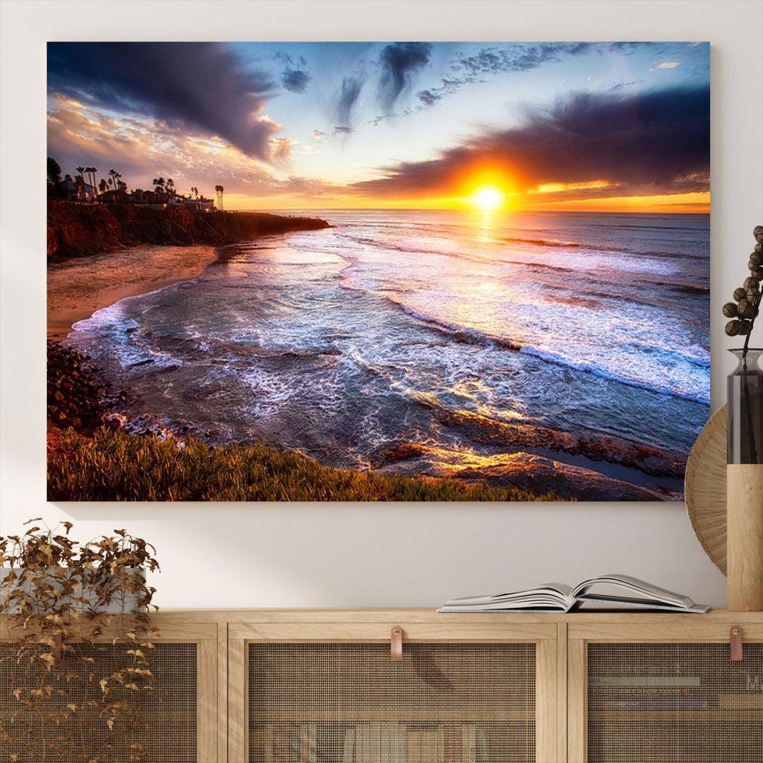 California Coastline Sunset Canvas Art, Ocean Waves Crashing on Cliffs, Giclee Canvas Print for Beach House Decor