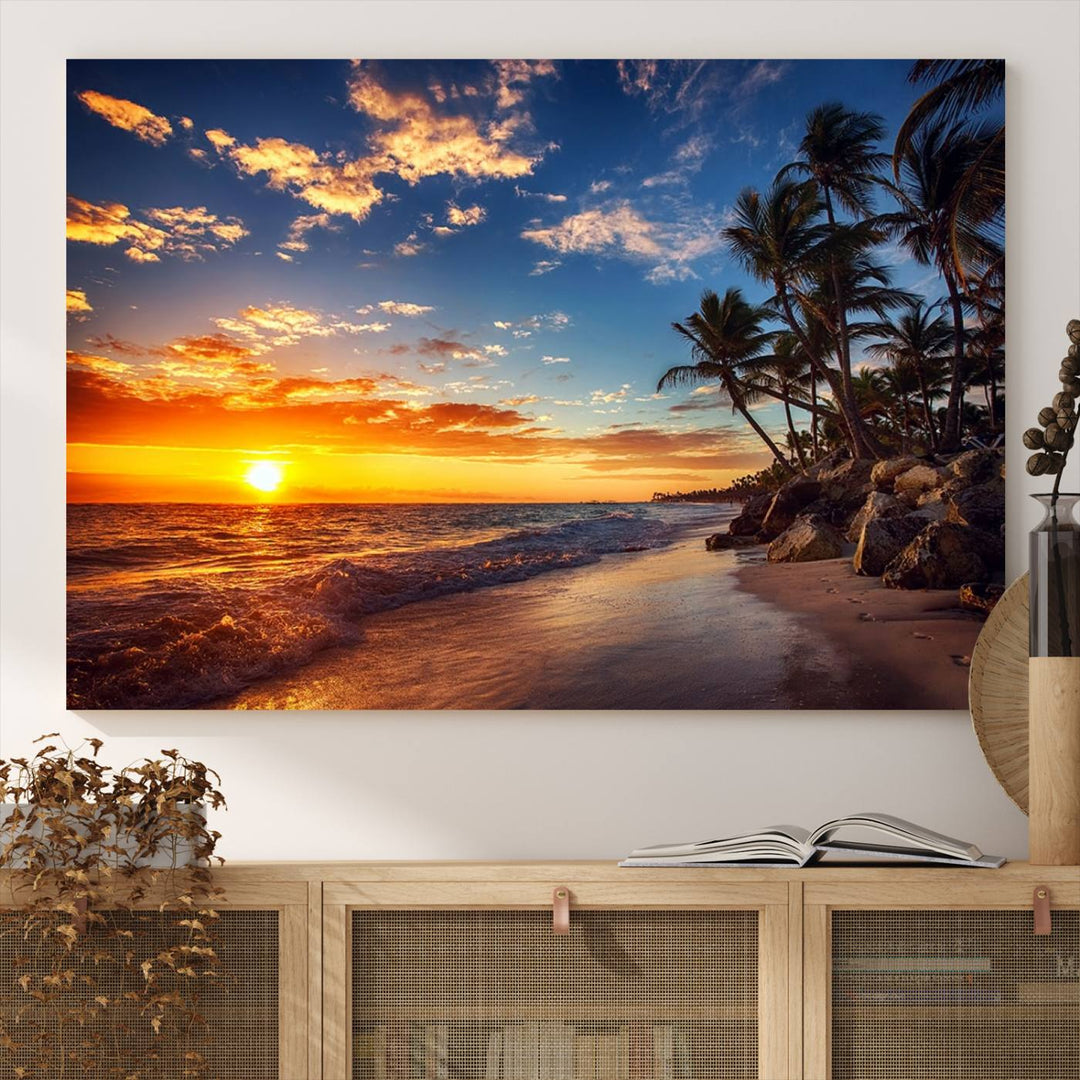 Tropical Beach Sunset Canvas Art, Palm Trees and Ocean Waves Wall Art, Giclee Print for Coastal Home Decor