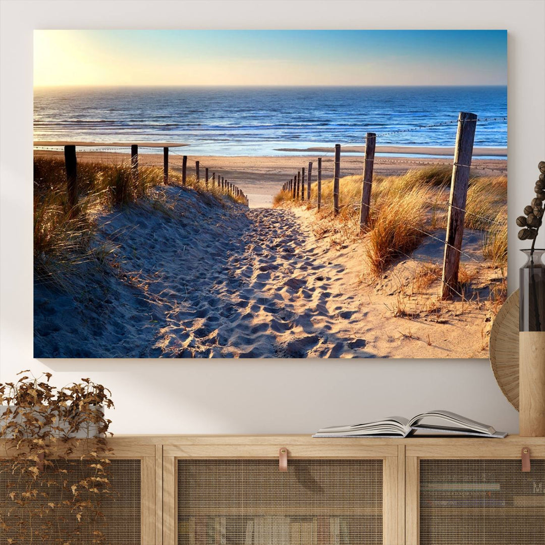 Tropical Beach Sunset Canvas Art, Ocean Waves and Sandy Shoreline Wall Art, Large Beach Decor for Coastal Homes